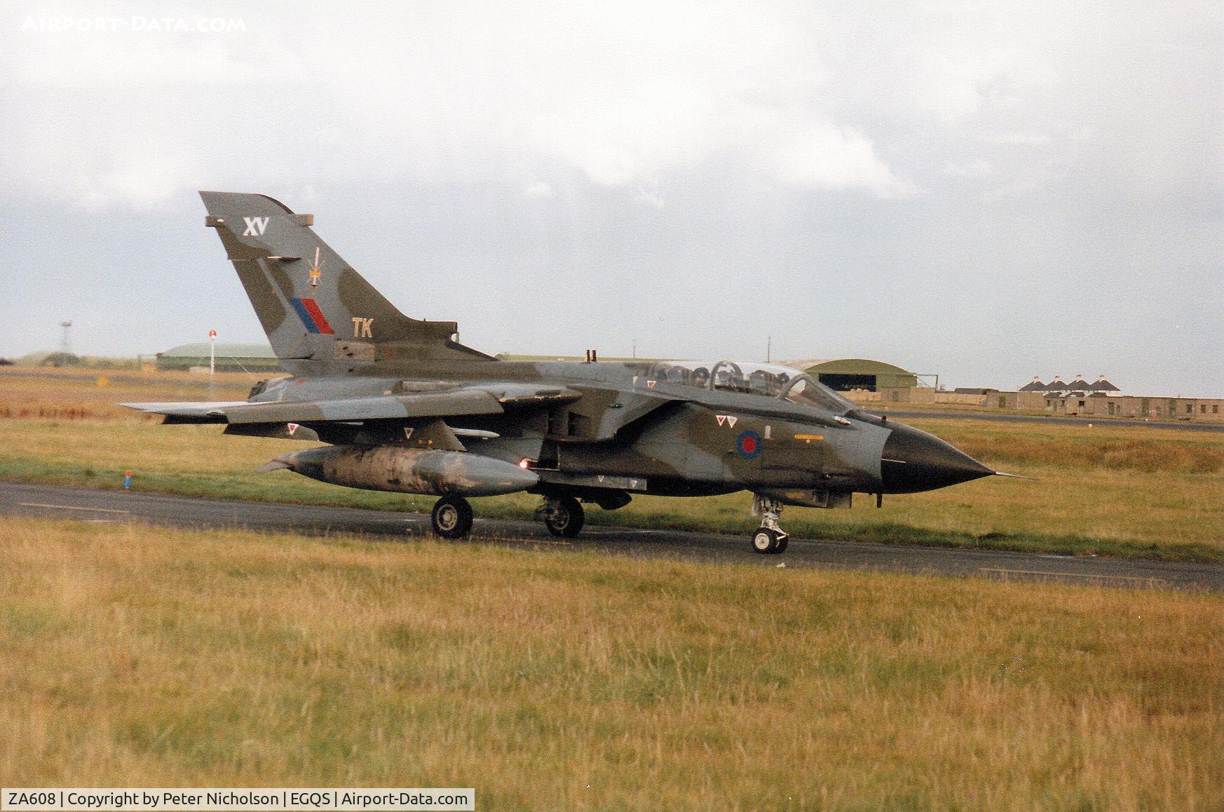 ZA608, 1982 Panavia Tornado GR.1 C/N 141/BS045/3072, Tornado GR.1, callsign Abbot 1, of 15(Reserve) Squadron taxying to Runway 05 at RAF Lossiemouth in September 1994.