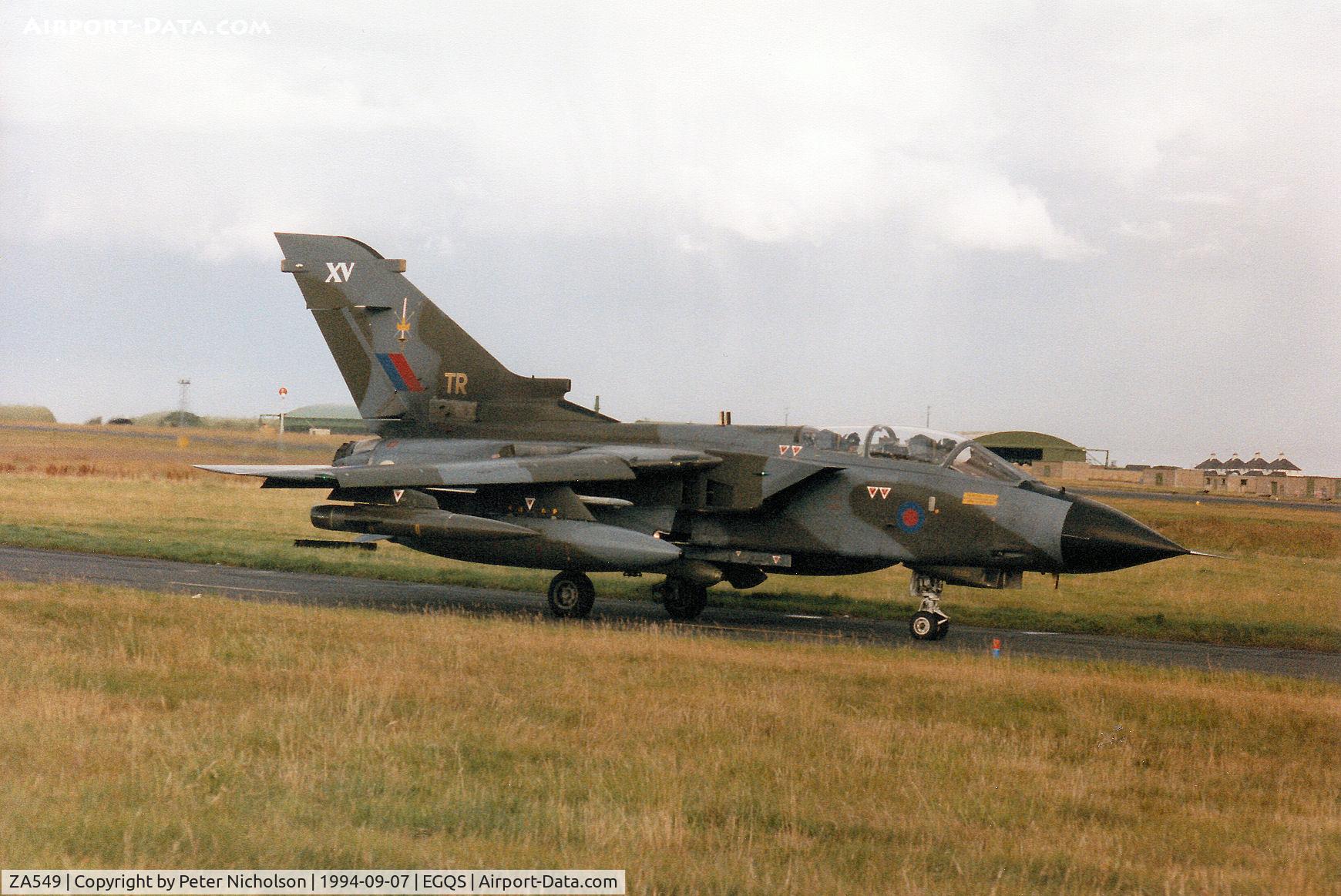 ZA549, 1981 Panavia Tornado GR.1 C/N 063/BT017/3033, Tornado GR.1, callsign Abbot 2, of 15(Reserve) Squadron taxying to Runway 05 at RAF Lossiemouth in September 1994.