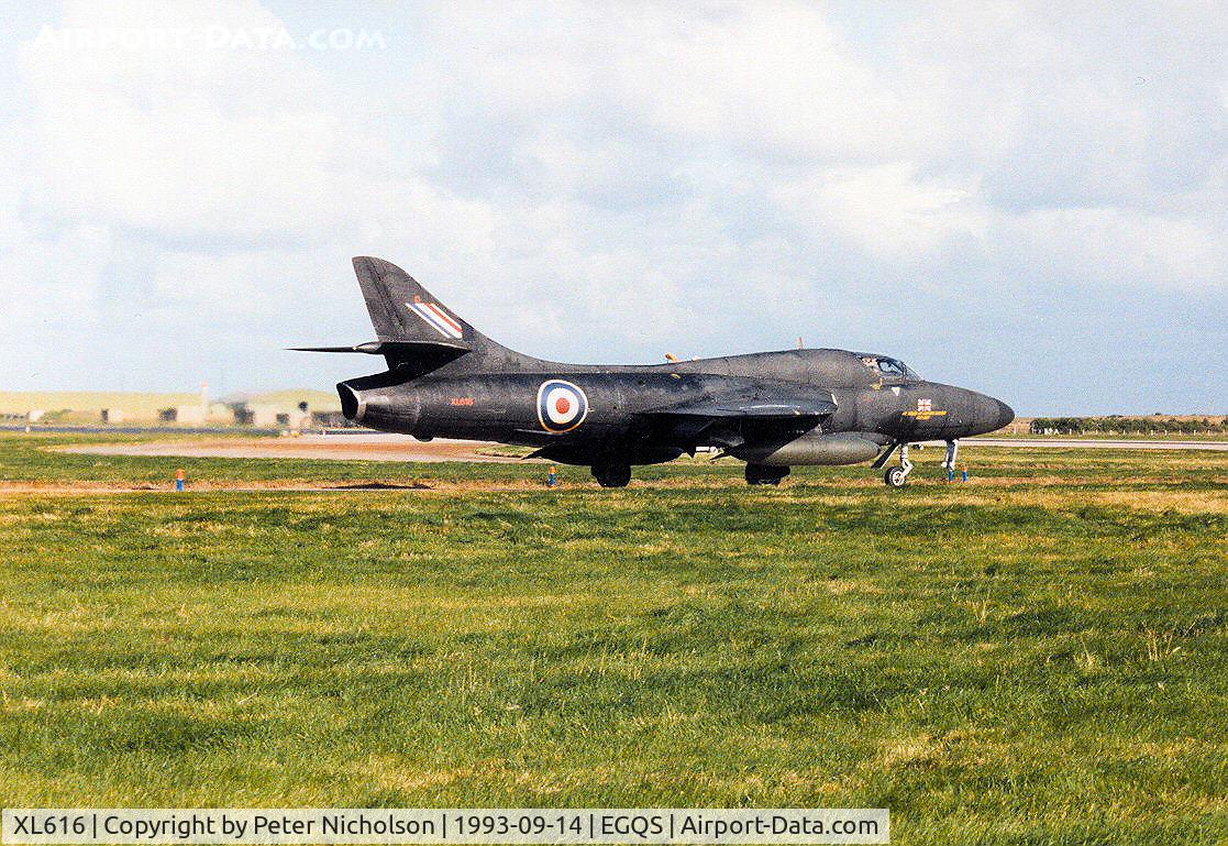 XL616, 1959 Hawker Hunter T.7A C/N 41H-695448, Hunter T.7 of 12 Squadron taxying to Runway 05 at RAF Lossiemouth in September 1993.