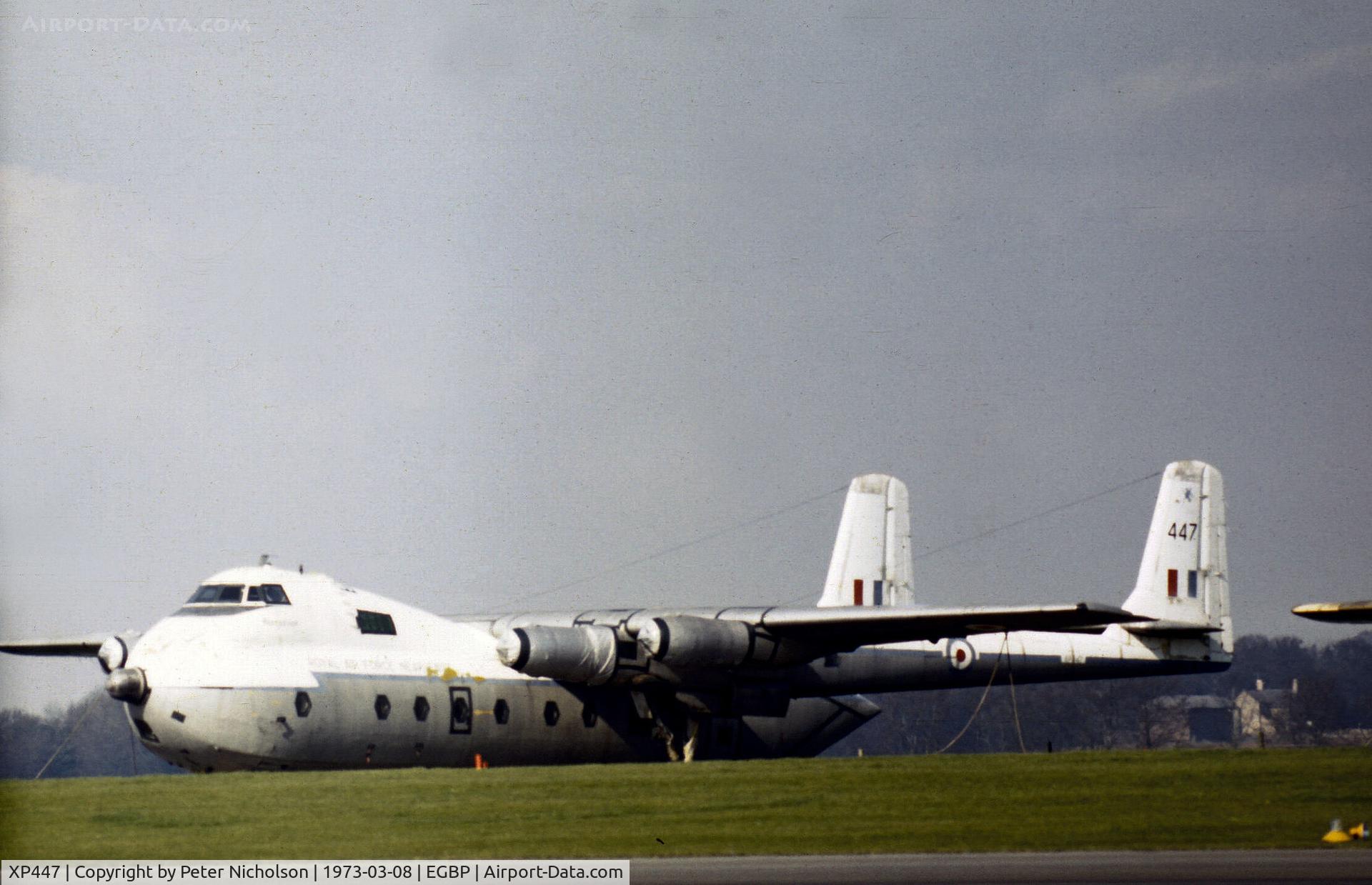 XP447, 1962 Armstrong Whitworth AW-660 Argosy C.1 C/N 6779, Argosy C.1 named Horatious of 70 Squadron stored at RAF Kemble in March 1973 after being withdrawn from active service.