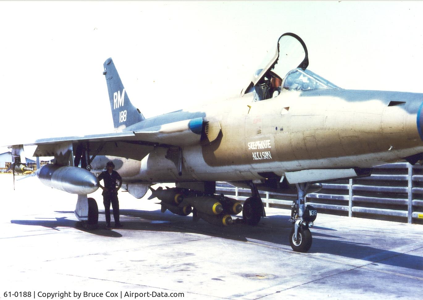 61-0188, 1961 Republic F-105D Thunderchief C/N D383, F-105 61-0188 from the 354TFS at Takhli RTAFB.  This aircraft had several names while flying combat.  The picture shows the Thud as 