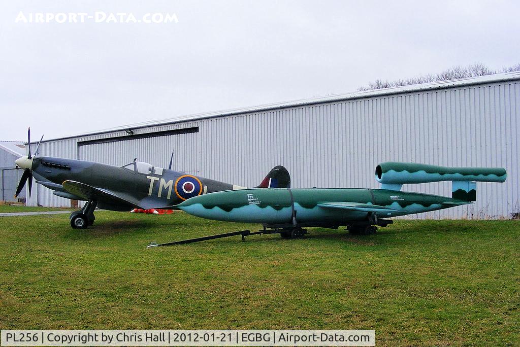 PL256, Supermarine 361 Spitfire IX Replica C/N Not found PL256, Replica Spitfire formally displayed at the East Midlands Aeropark, now at Leicester alongside a Fiesler Fi.103 VI replica