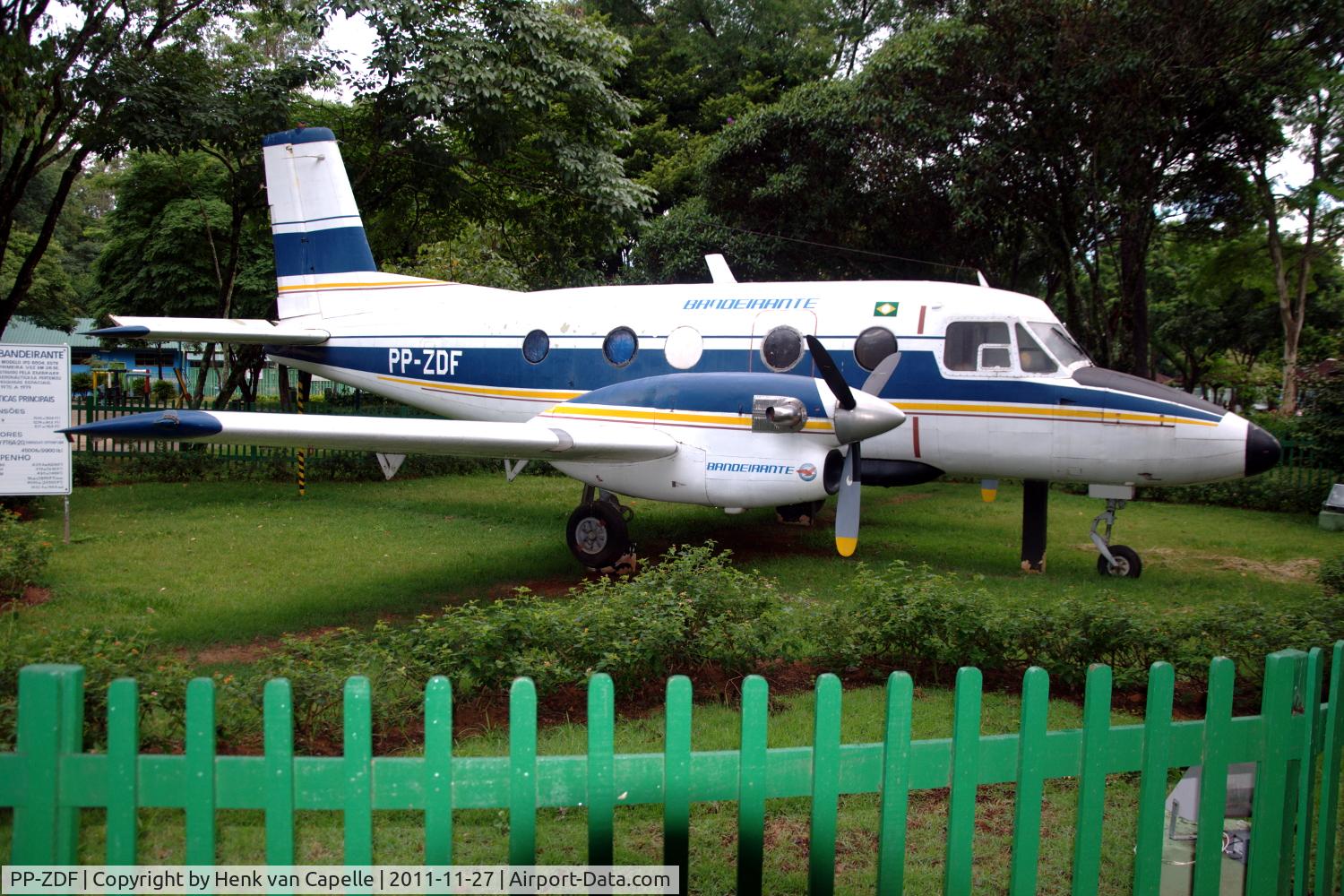 PP-ZDF, 1969 Embraer EMB-100 Bandeirante C/N 03, The third prototype of the EMBRAER Bandeirante, designated EMB-100, has been preserved. It can viewed in de Parque Santos Dumont in the center of Sao Jose dos Campos, near Sao Paulo in Brazil.