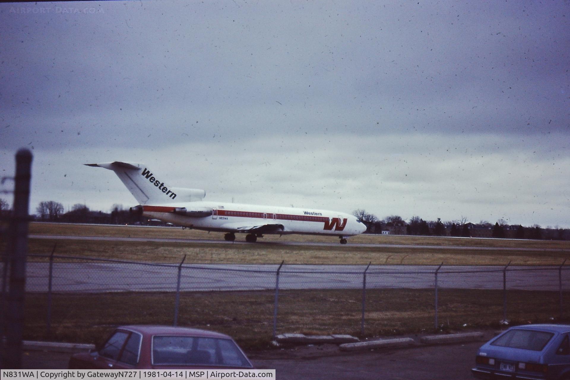 N831WA, 1978 Boeing 727-247 C/N 21483, Only 3 years old at this point, taxiing for departure on rwy 29R. Notice buildings from Ft. Snelling in the background.