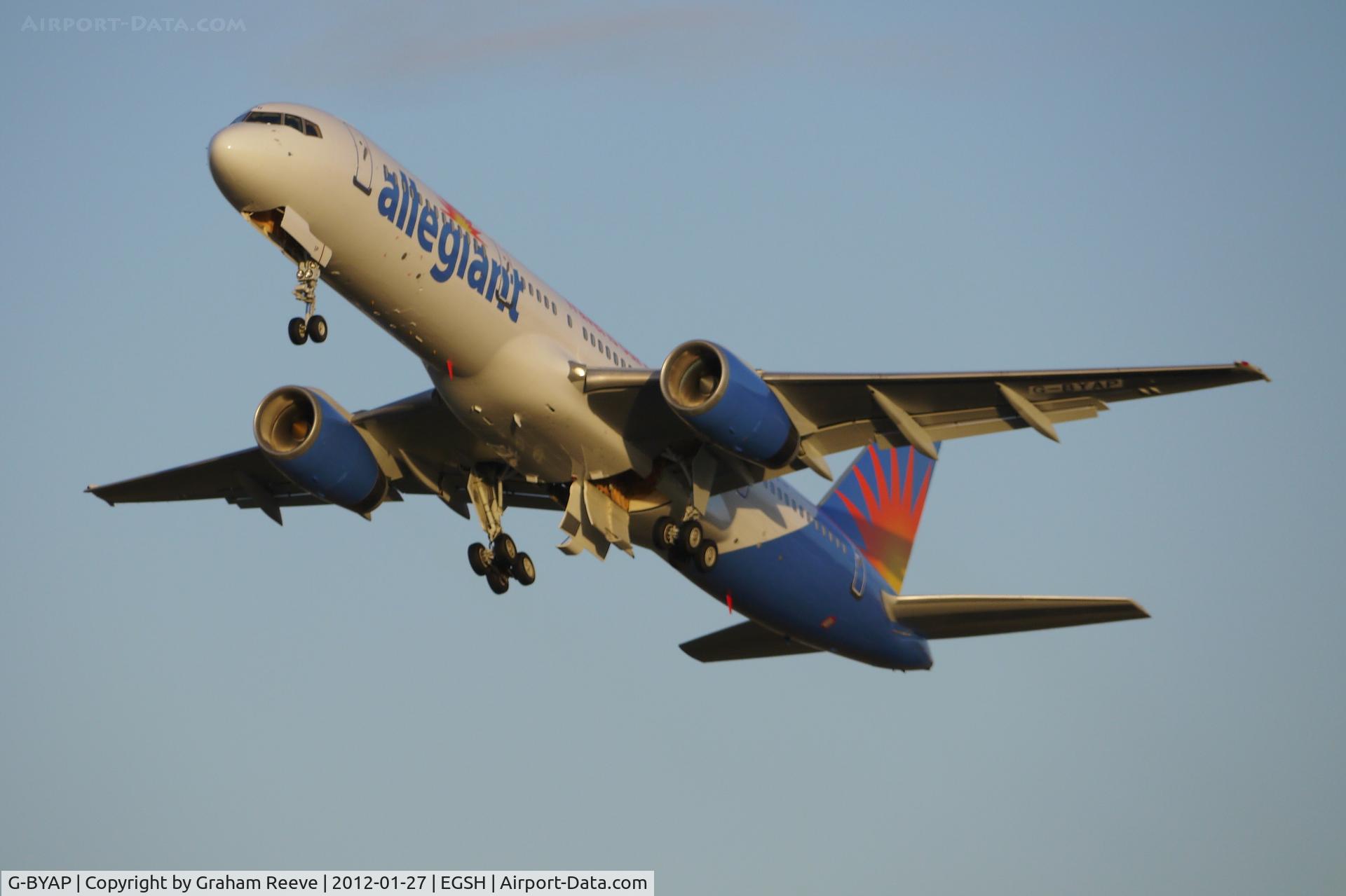 G-BYAP, 1994 Boeing 757-204 C/N 27236, Departing, freshly painted.