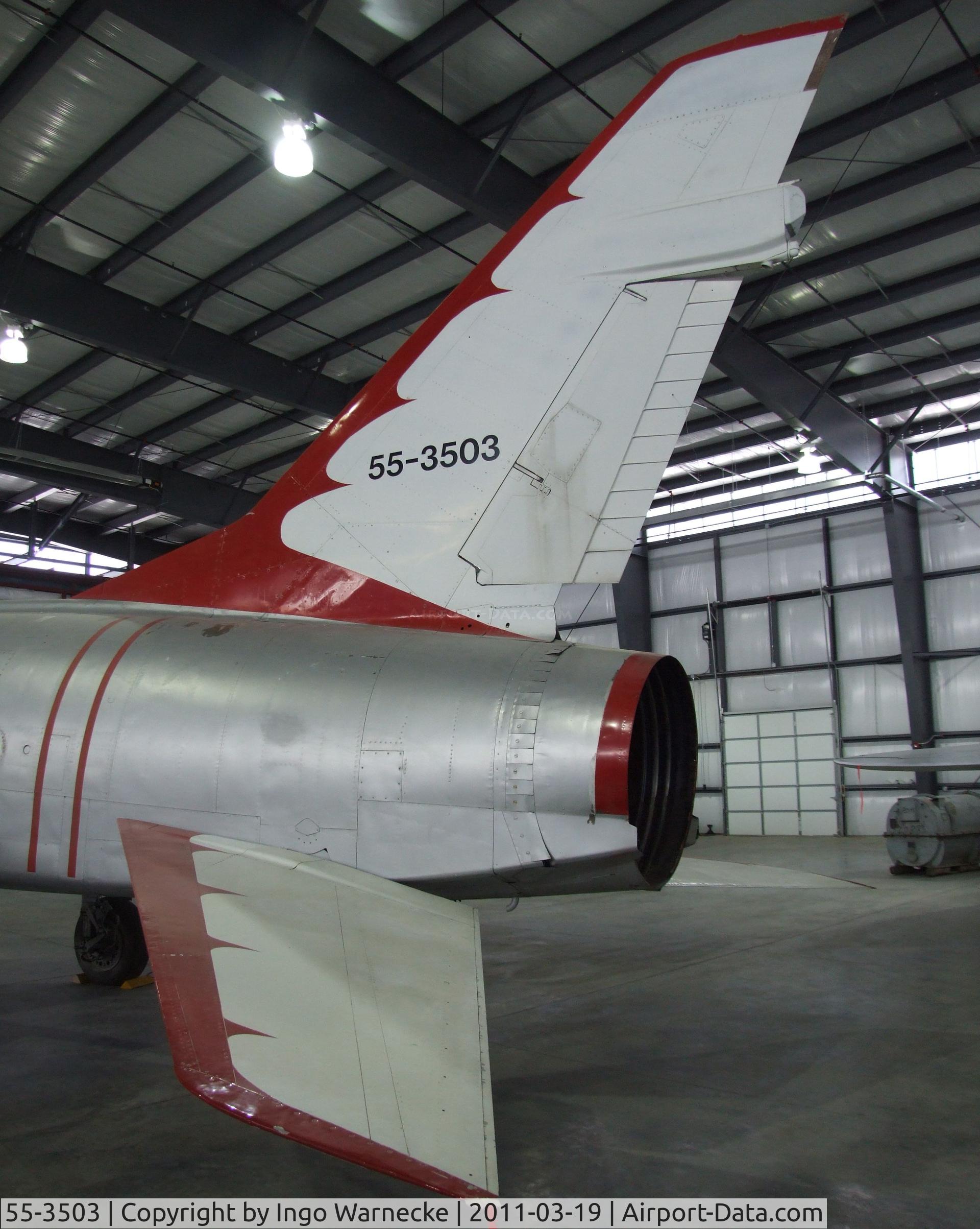 55-3503, 1954 North American F-100D Super Sabre C/N 223-185, North American F-100D Super Sabre, here displayed in a Thunderbirds-like paint scheme at the Pueblo Weisbrod Aircraft Museum, Pueblo CO