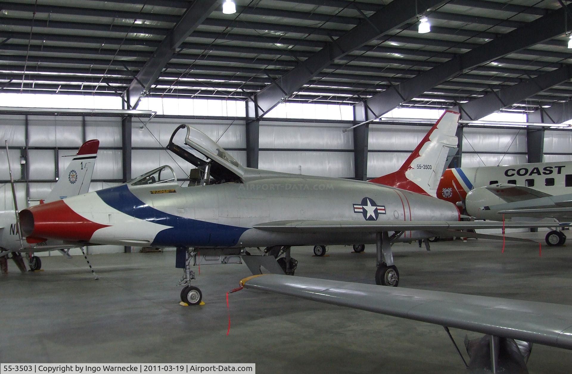 55-3503, 1954 North American F-100D Super Sabre C/N 223-185, North American F-100D Super Sabre, here displayed in a Thunderbirds-like paint scheme at the Pueblo Weisbrod Aircraft Museum, Pueblo CO