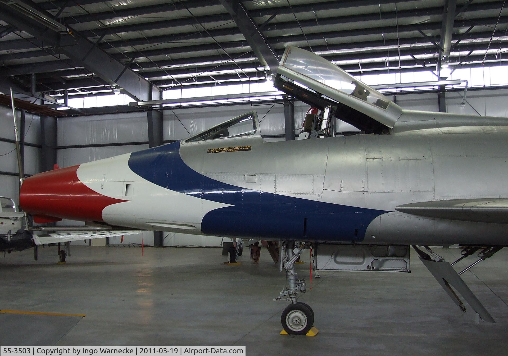 55-3503, 1954 North American F-100D Super Sabre C/N 223-185, North American F-100D Super Sabre, here displayed in a Thunderbirds-like paint scheme at the Pueblo Weisbrod Aircraft Museum, Pueblo CO