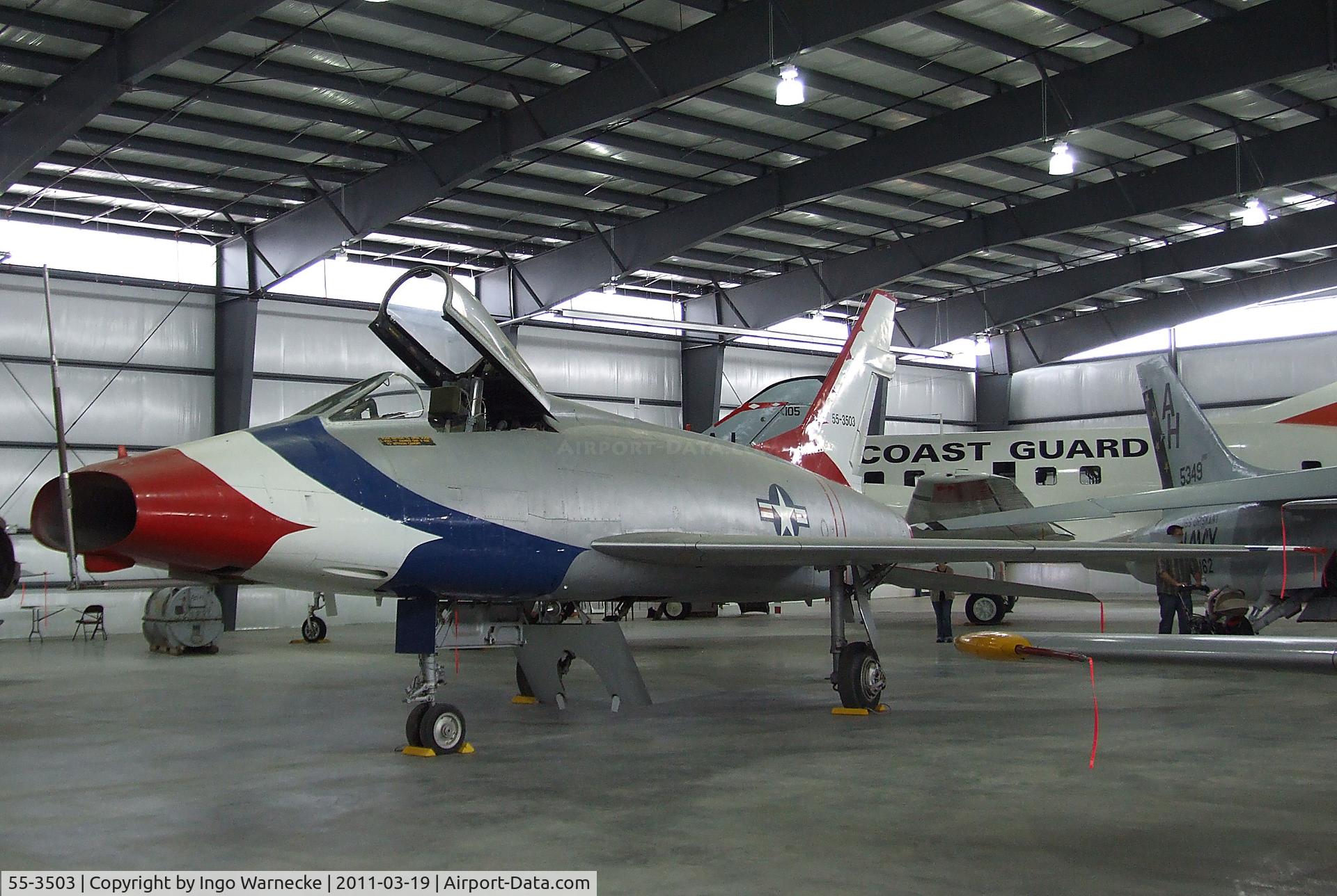 55-3503, 1954 North American F-100D Super Sabre C/N 223-185, North American F-100D Super Sabre, here displayed in a Thunderbirds-like paint scheme at the Pueblo Weisbrod Aircraft Museum, Pueblo CO