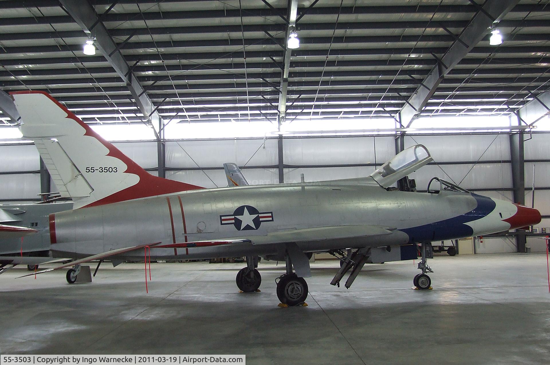 55-3503, 1954 North American F-100D Super Sabre C/N 223-185, North American F-100D Super Sabre, here displayed in a Thunderbirds-like paint scheme at the Pueblo Weisbrod Aircraft Museum, Pueblo CO