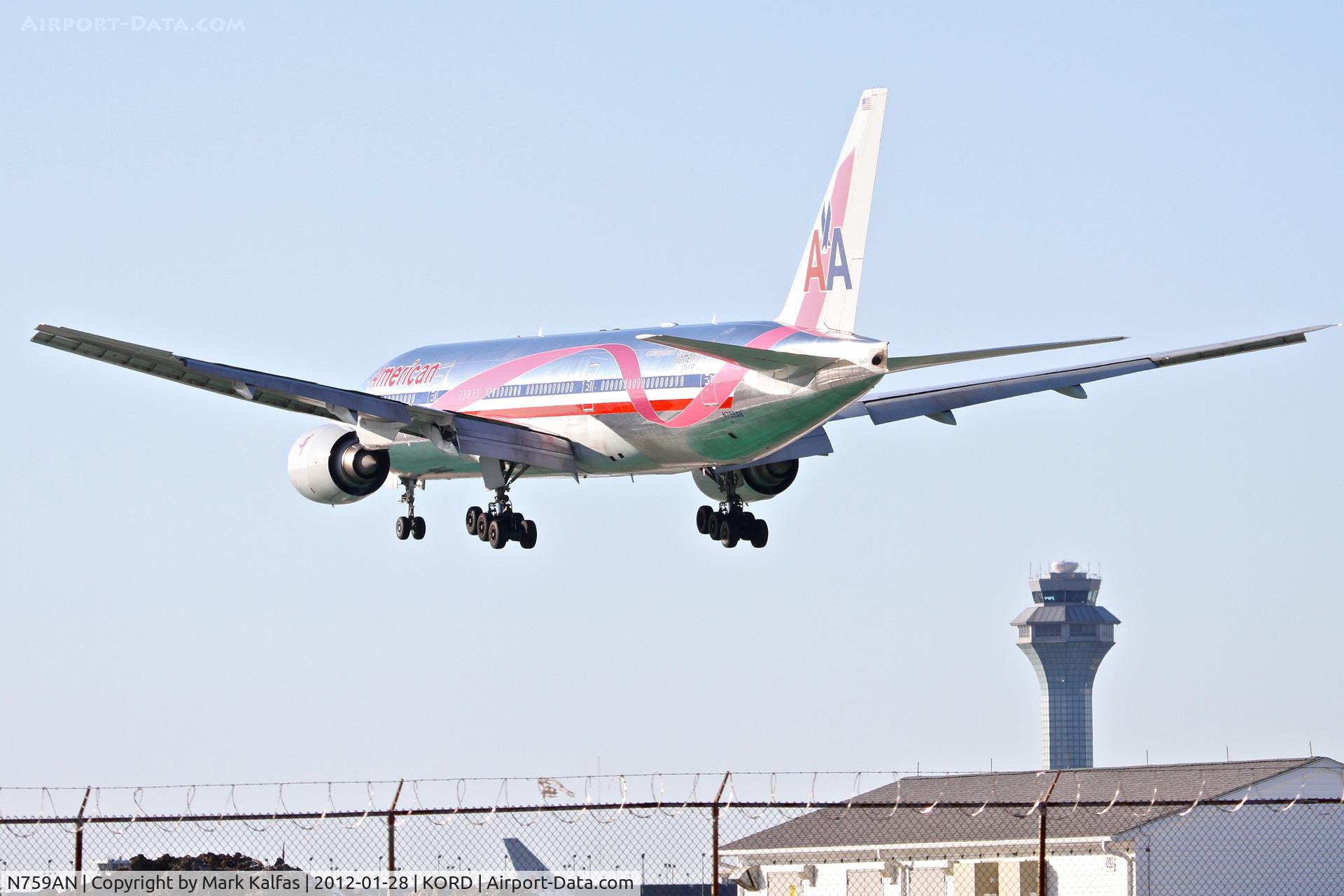 N759AN, 2001 Boeing 777-223/ER C/N 32638, American Airlines Boeing 777-223, AAL154 arriving from RJAA / NRT, RWY 28 approach KORD.