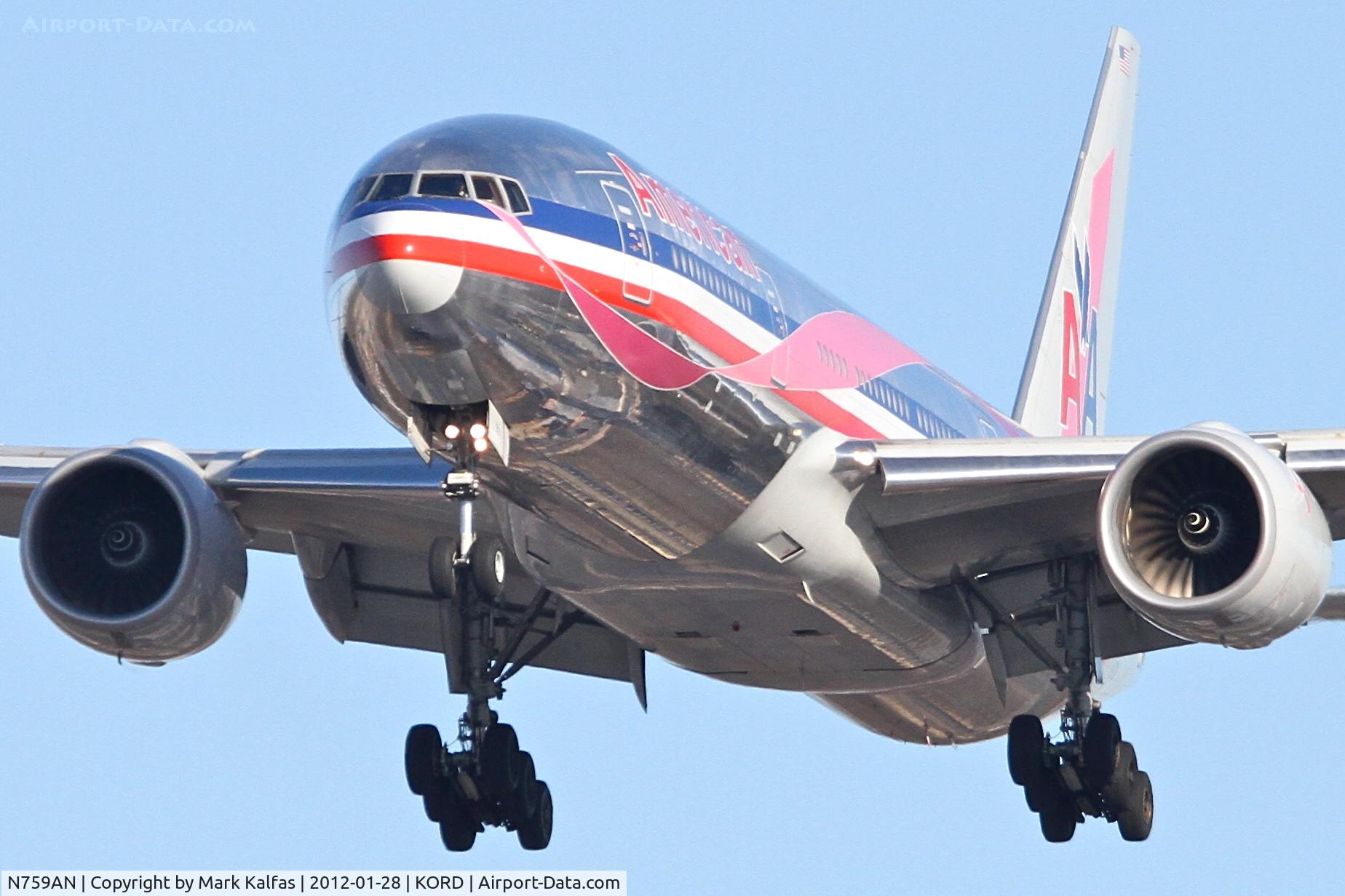 N759AN, 2001 Boeing 777-223/ER C/N 32638, American Airlines Boeing 777-223, AAL154 arriving from RJAA / NRT, RWY 28 approach KORD.