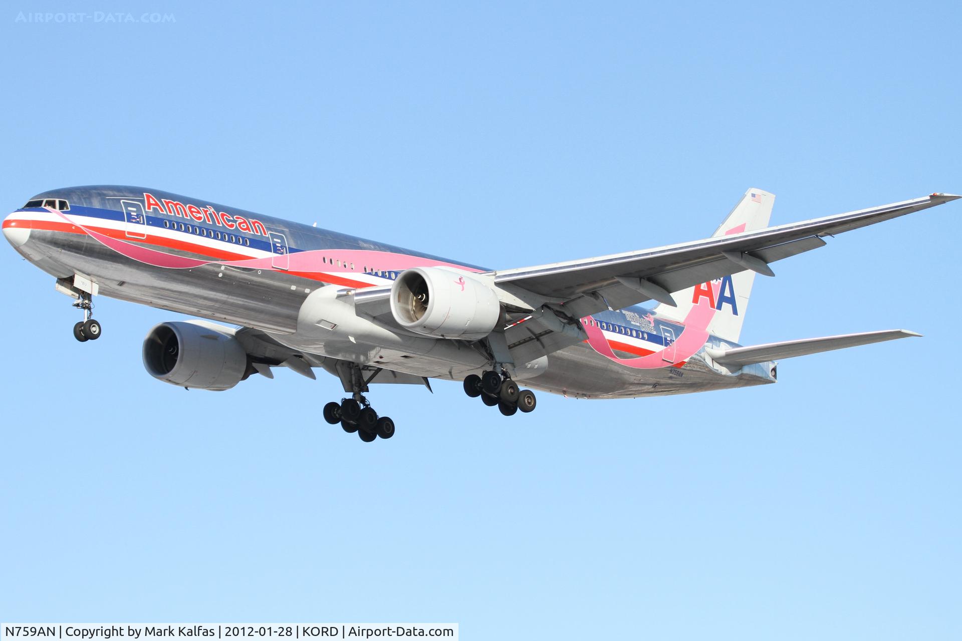 N759AN, 2001 Boeing 777-223/ER C/N 32638, American Airlines Boeing 777-223, AAL154 arriving from RJAA / NRT, RWY 28 approach KORD.