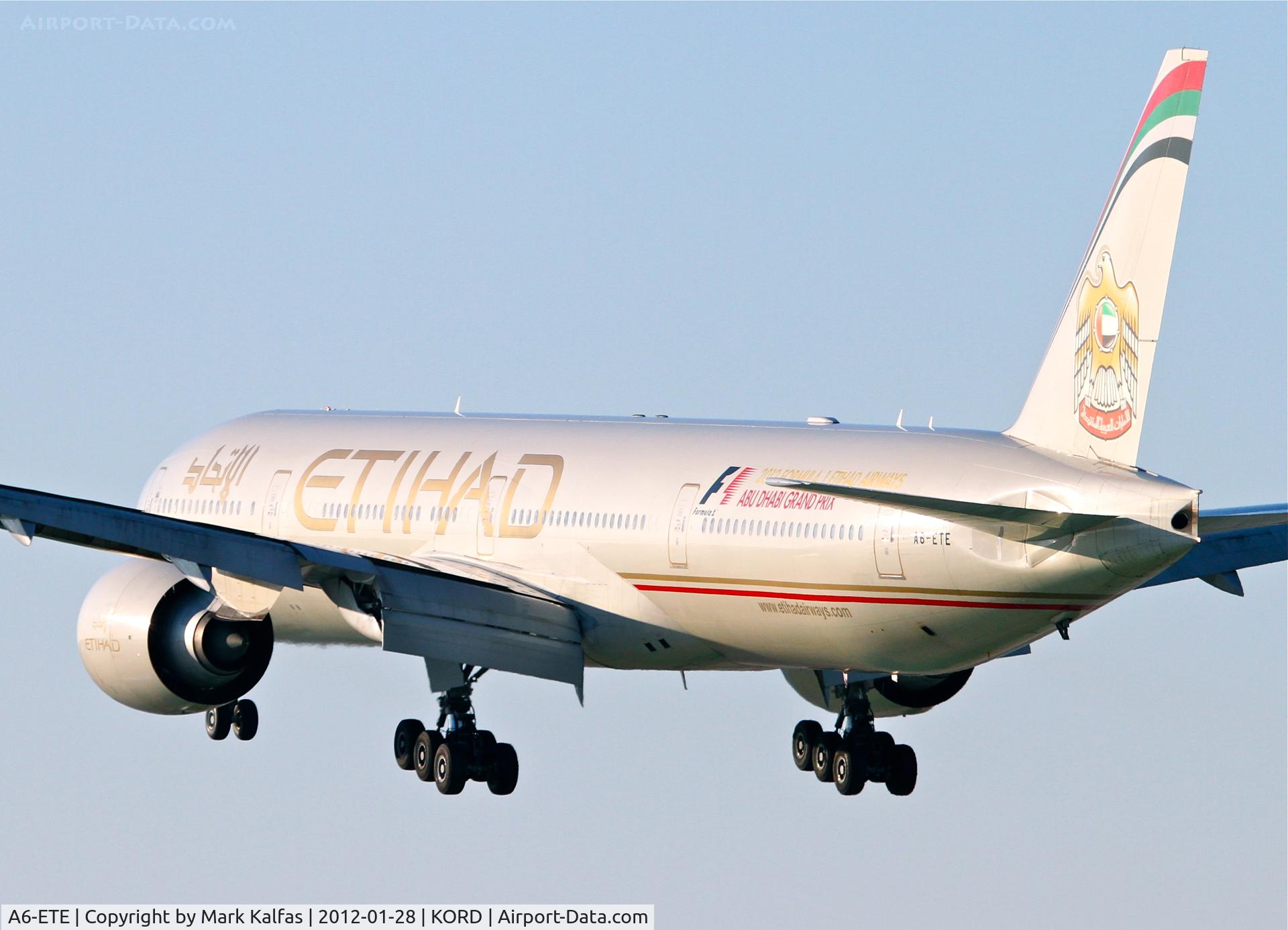 A6-ETE, 2006 Boeing 777-3FX/ER C/N 34601, Etihad Airways BOEING 777-3FXER, ETD151 arriving from Dhabi - OMAA / AUH, RWY 28 approach KORD.