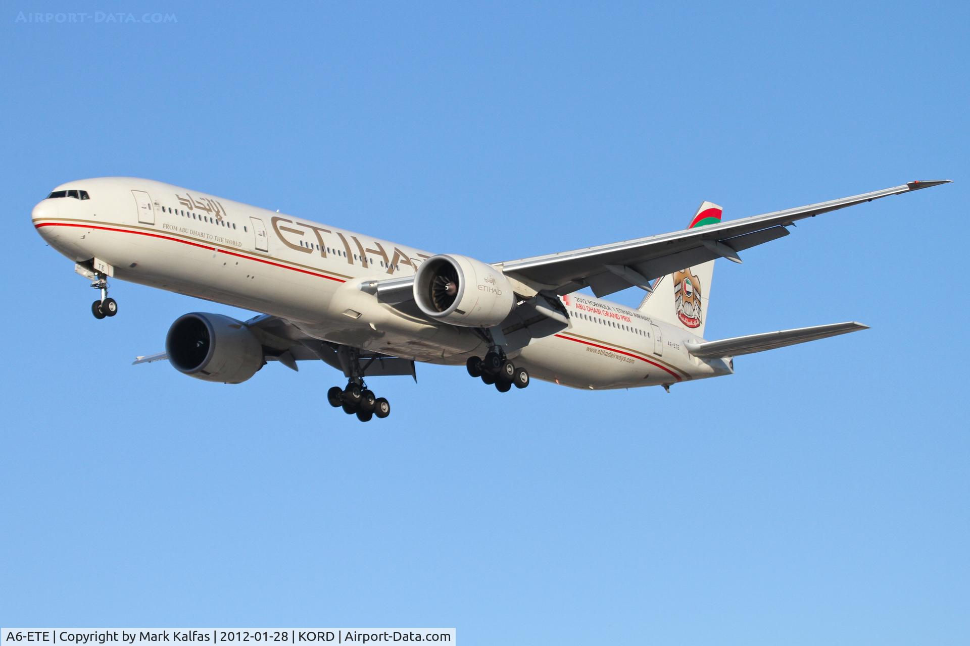 A6-ETE, 2006 Boeing 777-3FX/ER C/N 34601, Etihad Airways BOEING 777-3FXER, ETD151 arriving from Dhabi - OMAA / AUH, RWY 28 approach KORD.