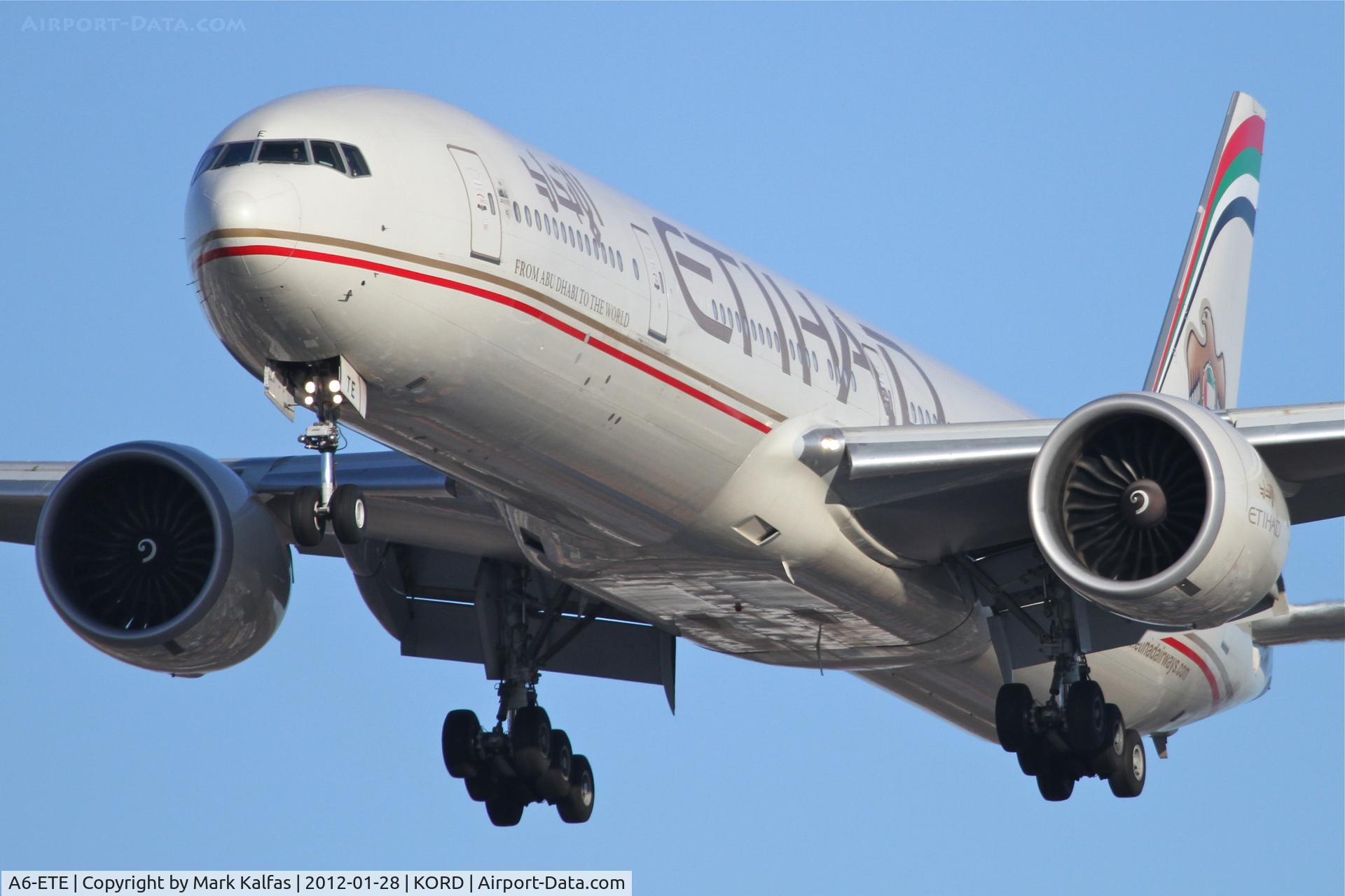A6-ETE, 2006 Boeing 777-3FX/ER C/N 34601, Etihad Airways BOEING 777-3FXER, ETD151 arriving from Dhabi - OMAA / AUH, RWY 28 approach KORD.