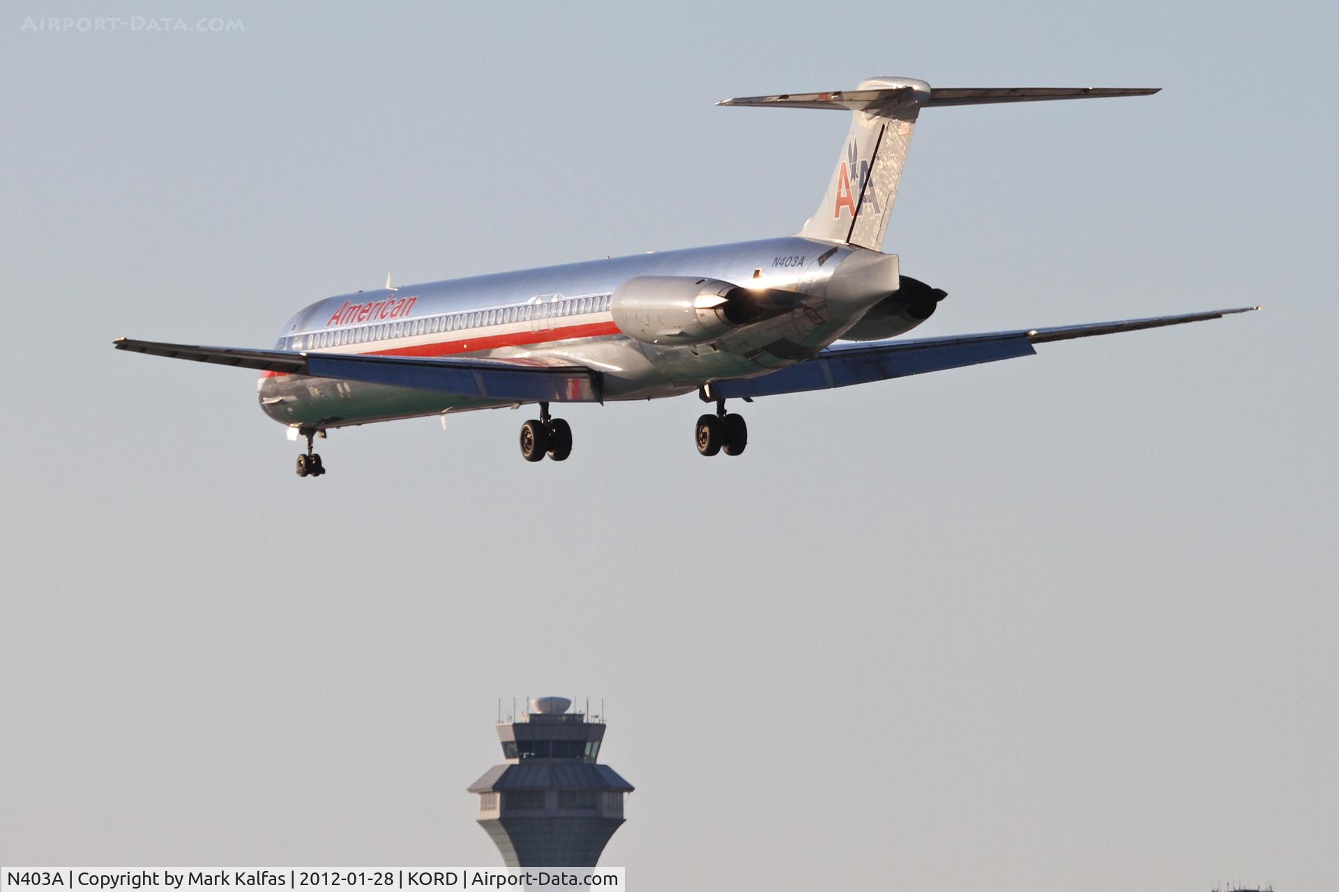 N403A, 1986 McDonnell Douglas MD-82 (DC-9-82) C/N 49314, American Airlines Mcdonnell Douglas DC-9-82, AAL2354 arriving from Dallas - KDFW, RWY 28 approach KORD.