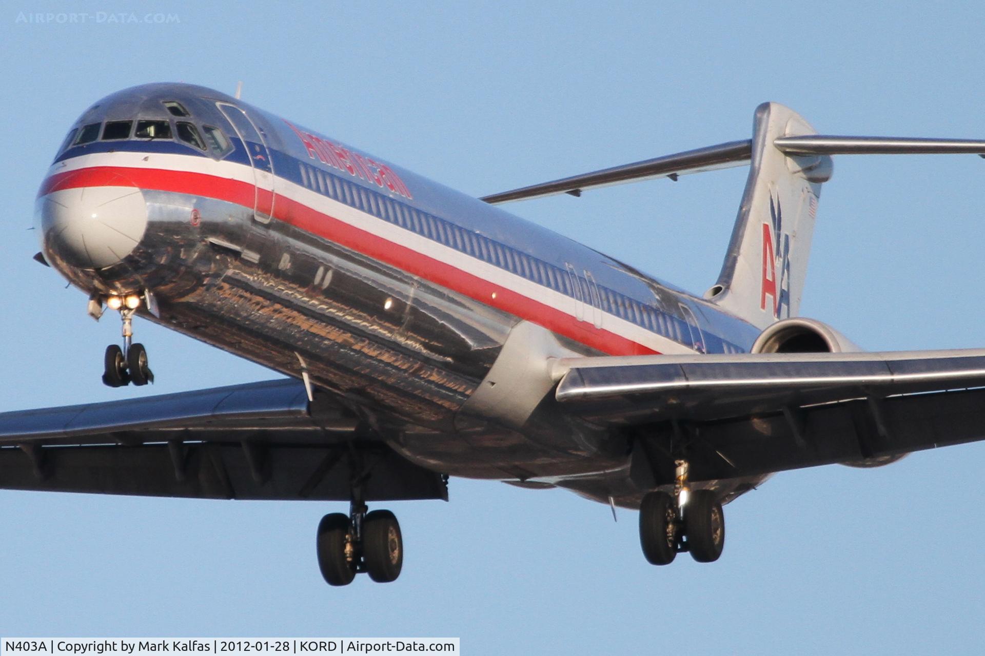 N403A, 1986 McDonnell Douglas MD-82 (DC-9-82) C/N 49314, American Airlines Mcdonnell Douglas DC-9-82, AAL2354 arriving from Dallas - KDFW, RWY 28 approach KORD.