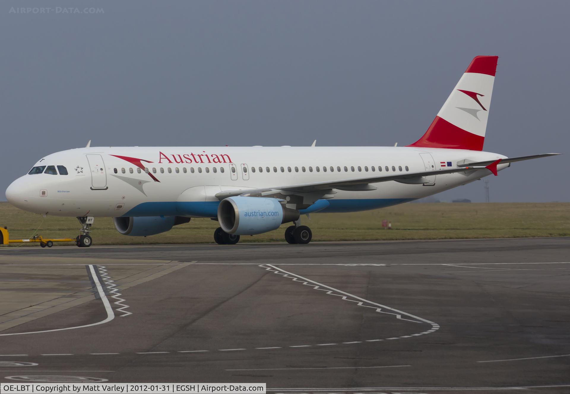 OE-LBT, 2000 Airbus A320-214 C/N 1387, About to depart EGSH after a week in the Air Livery spray shop.