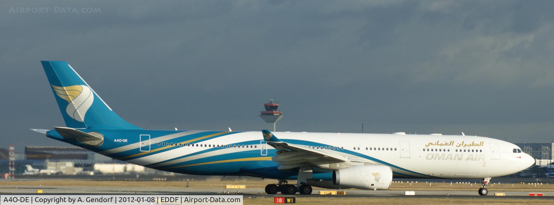 A4O-DE, 2009 Airbus A330-343 C/N 1093, Oman Air, is seen here waiting for departure on runway 18 at Frankfurt Int´l (EDDF)