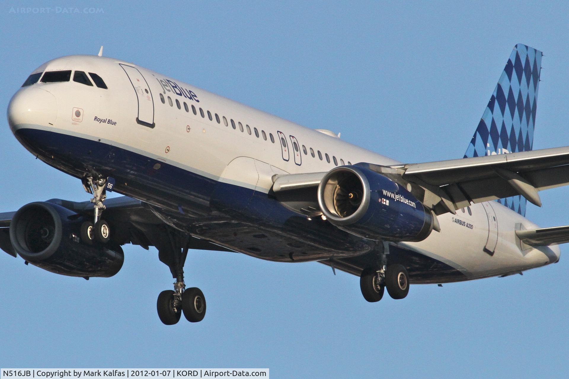 N516JB, 2000 Airbus A320-232 C/N 1302, JetBlue N516JB Airbus A320-232 arriving from KLGB, RWY 28 approach KORD.