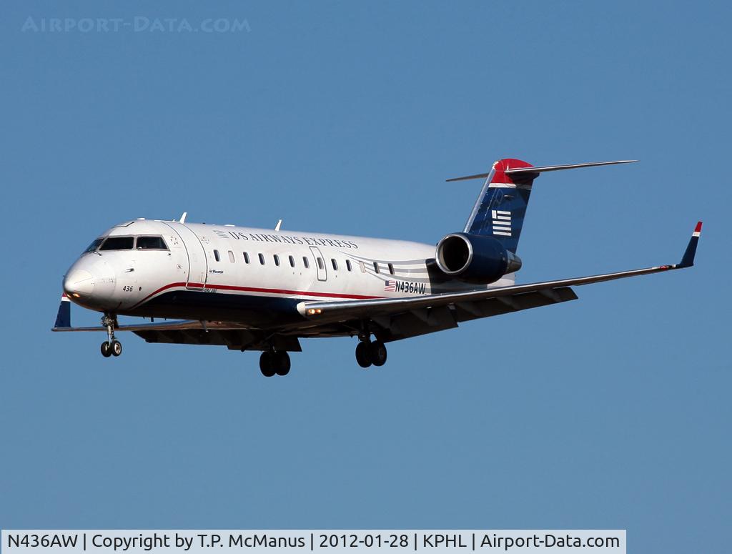 N436AW, 2002 Bombardier CRJ-200LR (CL-600-2B19) C/N 7734, On short final for Rwy 26 at PHL