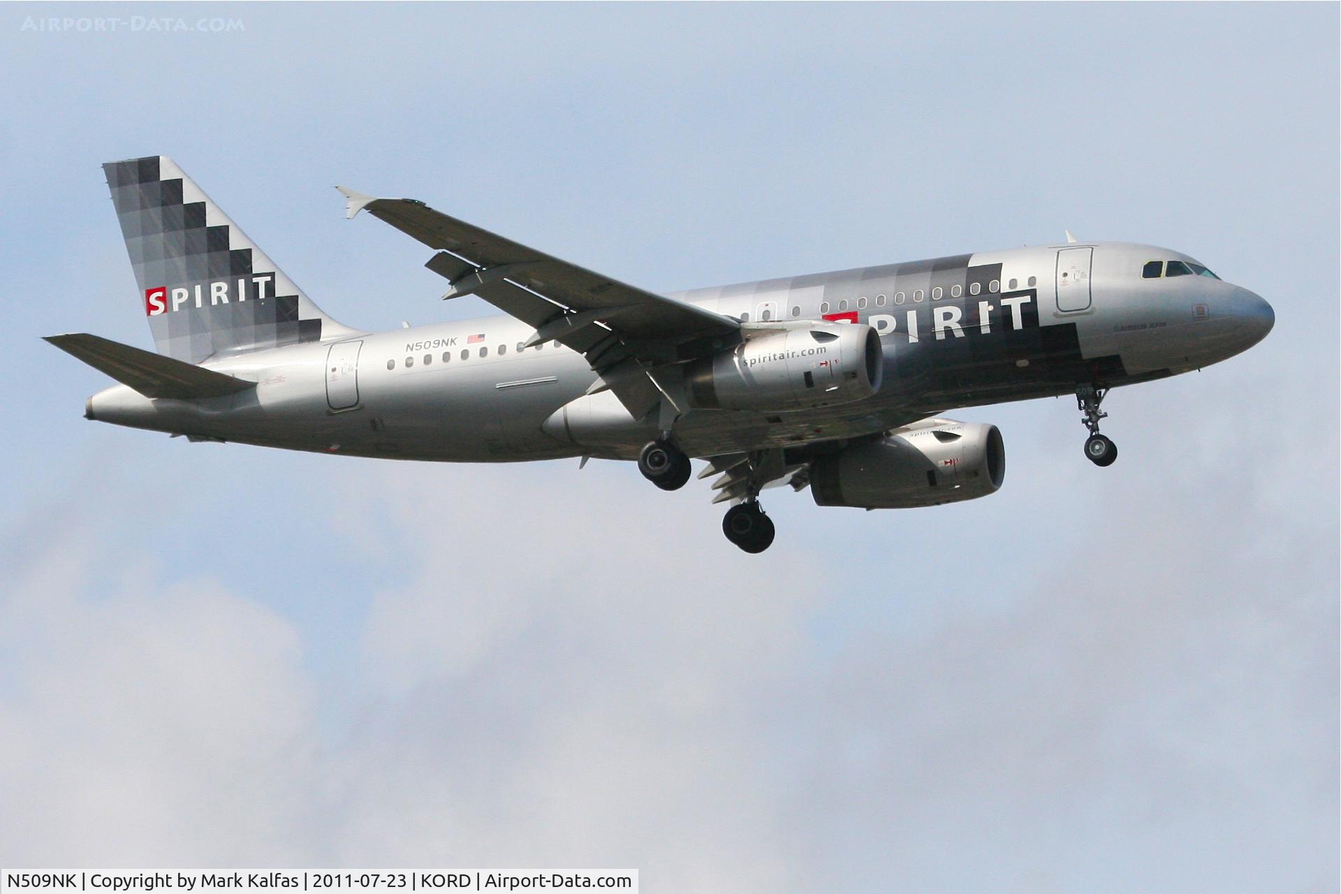 N509NK, 2005 Airbus A319-132 C/N 2603, Spirit Airlines Airbus A319-132, N509NK RWY 10 approach KORD.