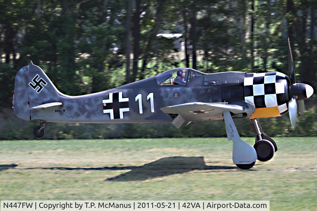 N447FW, Focke-Wulf Fw-190A-8 C/N 739447, FW-190 touching down at the Military Aviation Museum, Virginia Beach, VA.