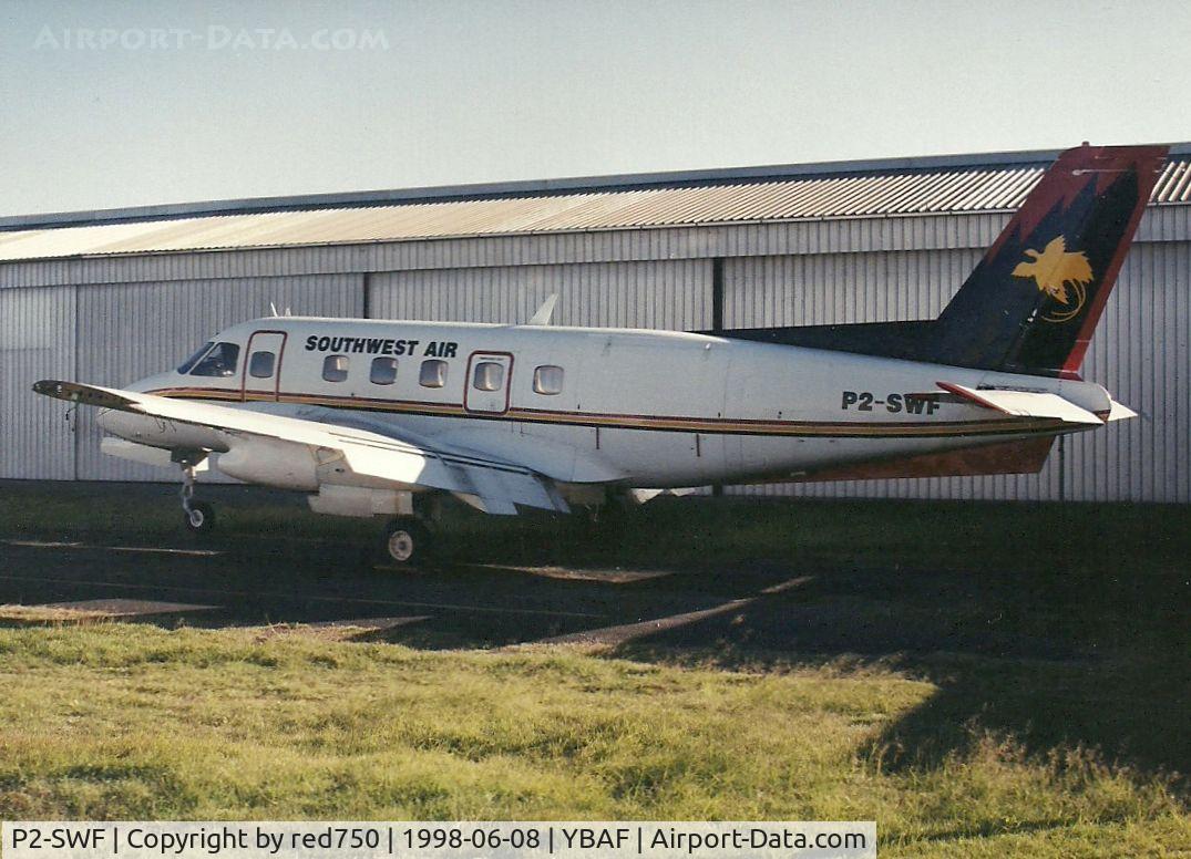 P2-SWF, 1979 Embraer EMB-110P1 Bandeirante C/N 110237, Photograph by Edwin van Opstal with permission. Scanned from a color print. Stored in the open at Archerfield, without engines or wingtips.