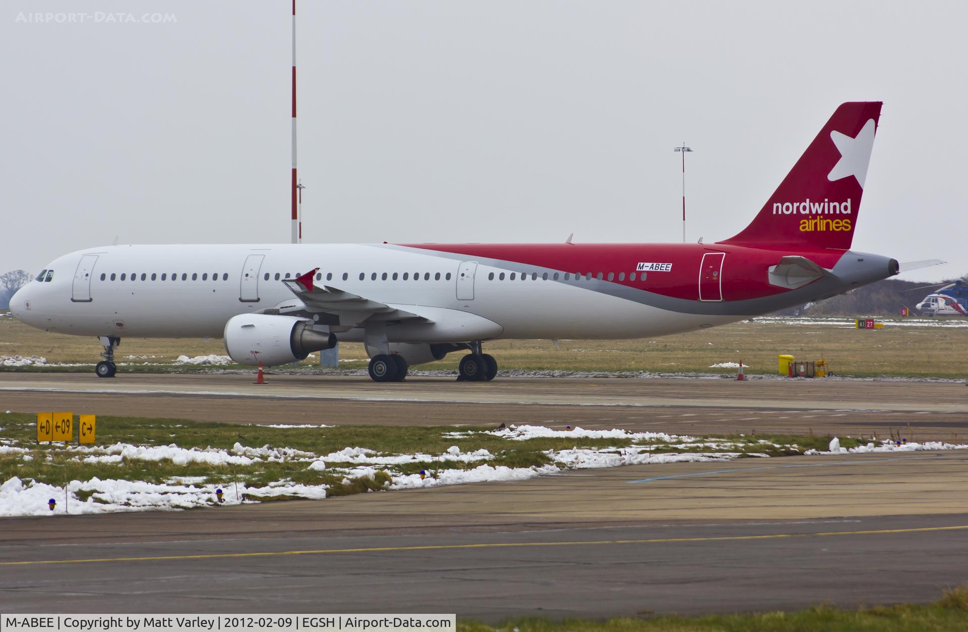 M-ABEE, 2000 Airbus A321-211 C/N 1233, Sat on stand 8 after spray into Nordwind Airlines livery.