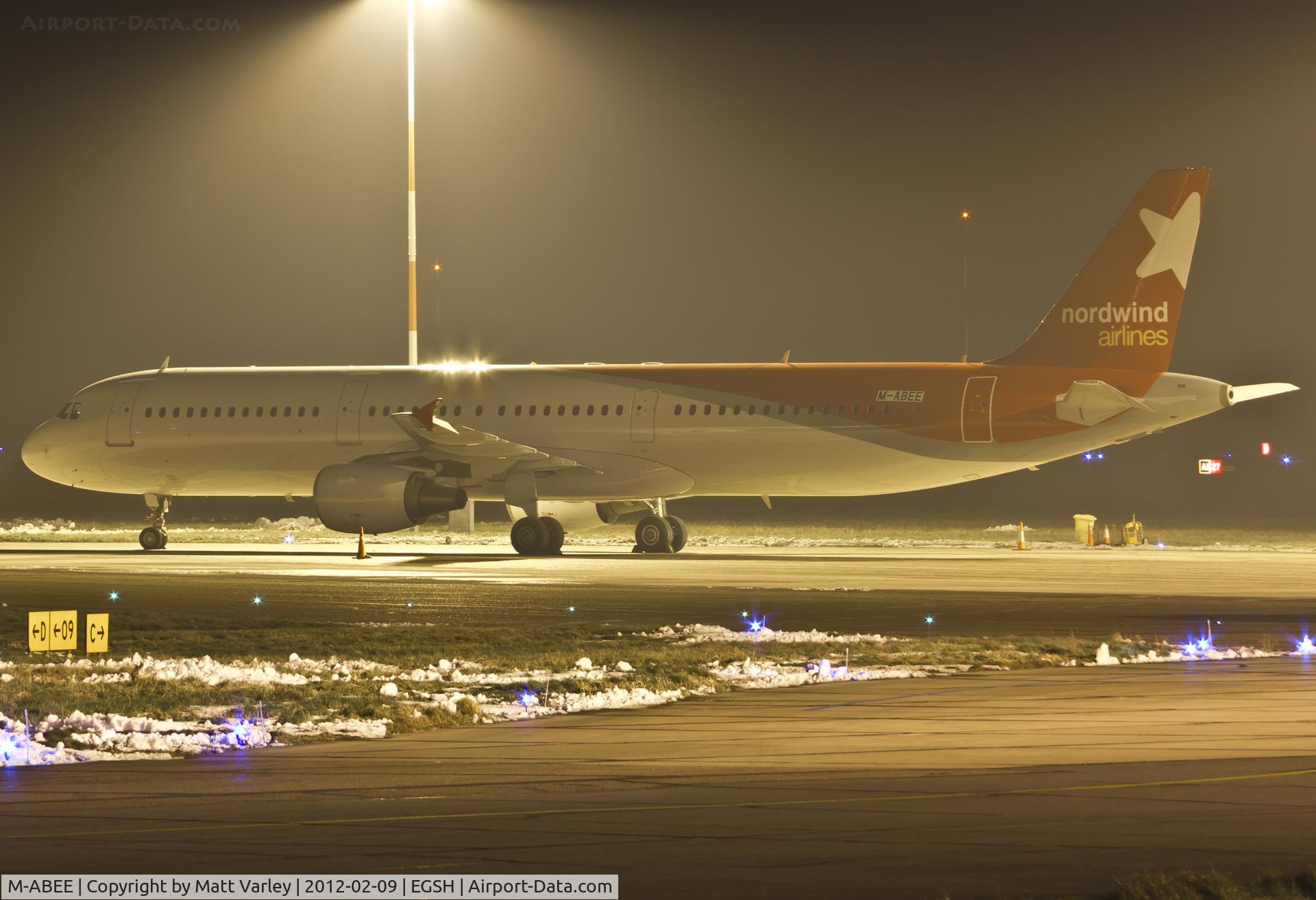 M-ABEE, 2000 Airbus A321-211 C/N 1233, Sat on misty stand 8 after spray into Nordwind C/S.