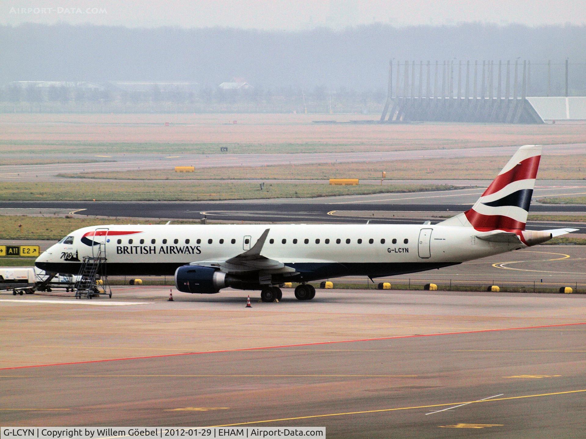 G-LCYN, 2010 Embraer 190SR (ERJ-190-100SR) C/N 19000392, Parking on the platform of Schiphol Airport
This aircraft is the 700th ERJ  look the sticker on the front of the plane