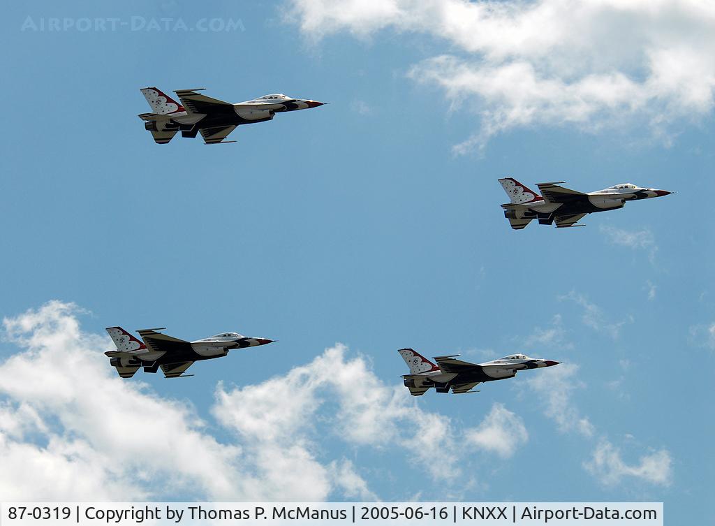87-0319, 1987 General Dynamics F-16C Fighting Falcon C/N 5C-580, Thunderbird  One leading a formation over NS Willow Grove, PA.  at 