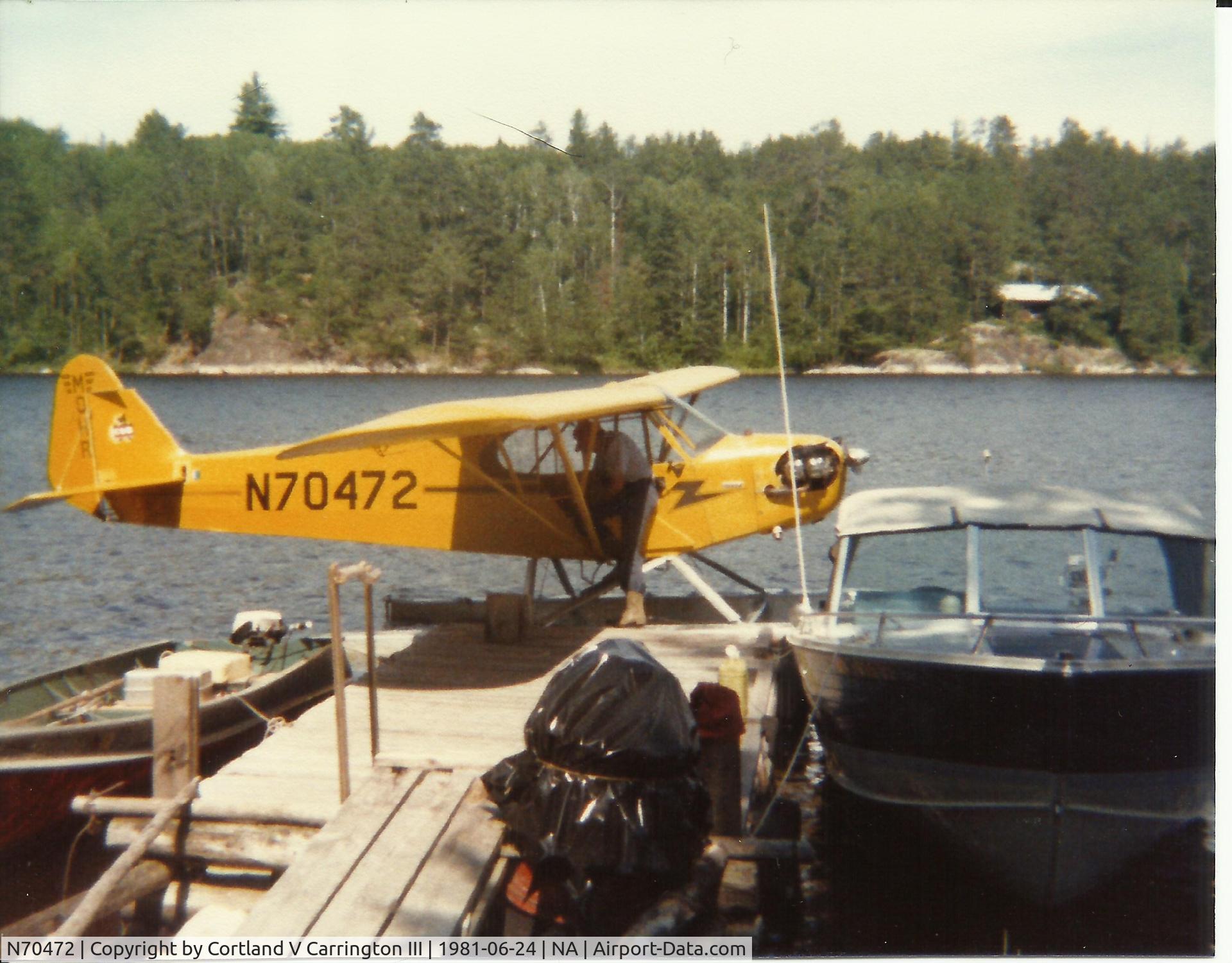 N70472, 1946 Piper J3C-65 Cub C/N 17471, This photo was taken by Cortland V Carrington III, 24 June 1981 of Bob Mohr's Piper Cub.  Photo was take on Blueberry Island, Grassy Bay, Sand Point Lake, MN