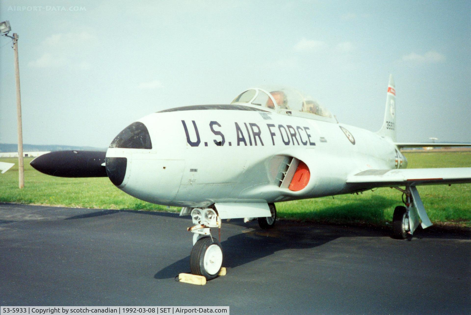 53-5933, 1953 Lockheed T-33A Shooting Star C/N 580-9409, 1953 Lockheed T-33A-5-LO S/N 53-5933 at St. Charles County Smartt Airport, St. Charles, MO. In 1992 this airfield's FAA identifier was 3SZ.