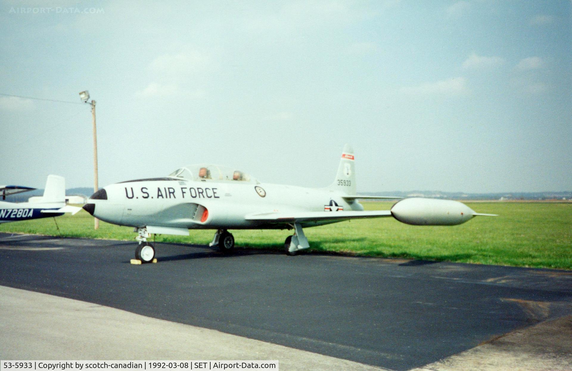 53-5933, 1953 Lockheed T-33A Shooting Star C/N 580-9409, 1953 Lockheed T-33A-5-LO S/N 53-5933 at St. Charles County Smartt Airport, St. Charles, MO. In 1992 this airfield's FAA identifier was 3SZ.