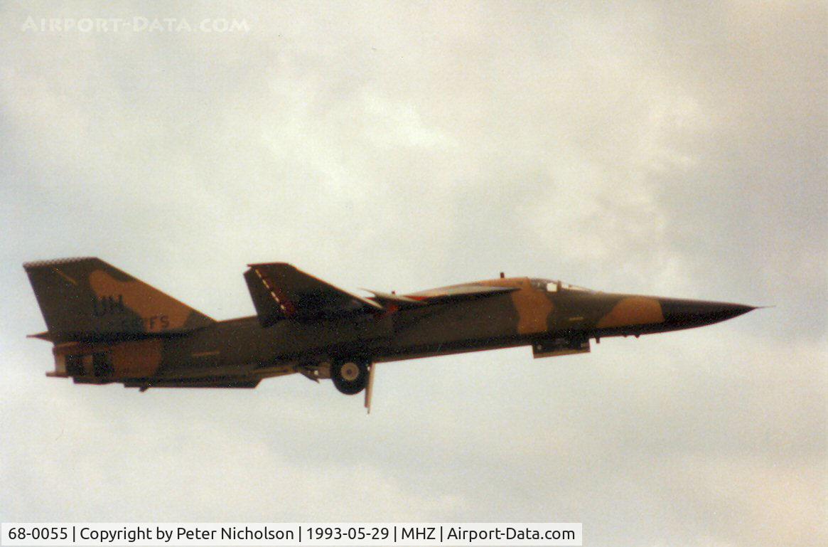 68-0055, 1968 General Dynamics F-111E Aardvark C/N A1-224, F-111E of 55th Tactical Fighter Squadron/20th Tactical Fighter Wing on a flypast at the 1993 RAF Mildenhall Airshow.