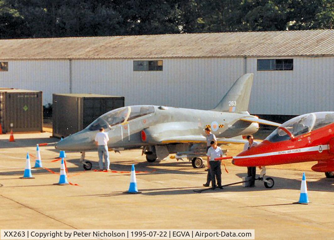 XX263, 1978 Hawker Siddeley Hawk T.1A C/N 099/312099, Hawk T.1A of 19(Reserve) Squadron/7 Flying Training School at RAF Chivenor on the flight-line at the 1995 Intnl Air Tattoo at RAF Fairford.