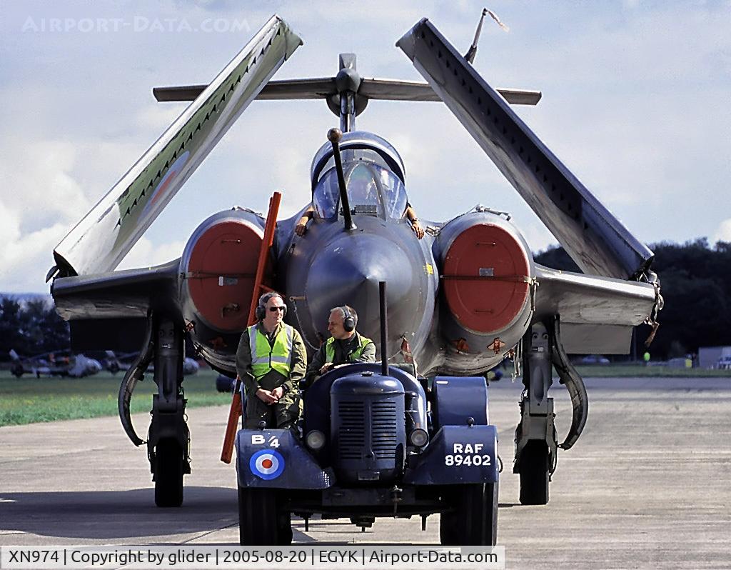 XN974, 1964 Hawker Siddeley Buccaneer S.2 C/N B3-01-63, Being towed back to the static area by a vintage RAF tug after developing some sort of brake problem thus denying us all of the fast run it usually did!!