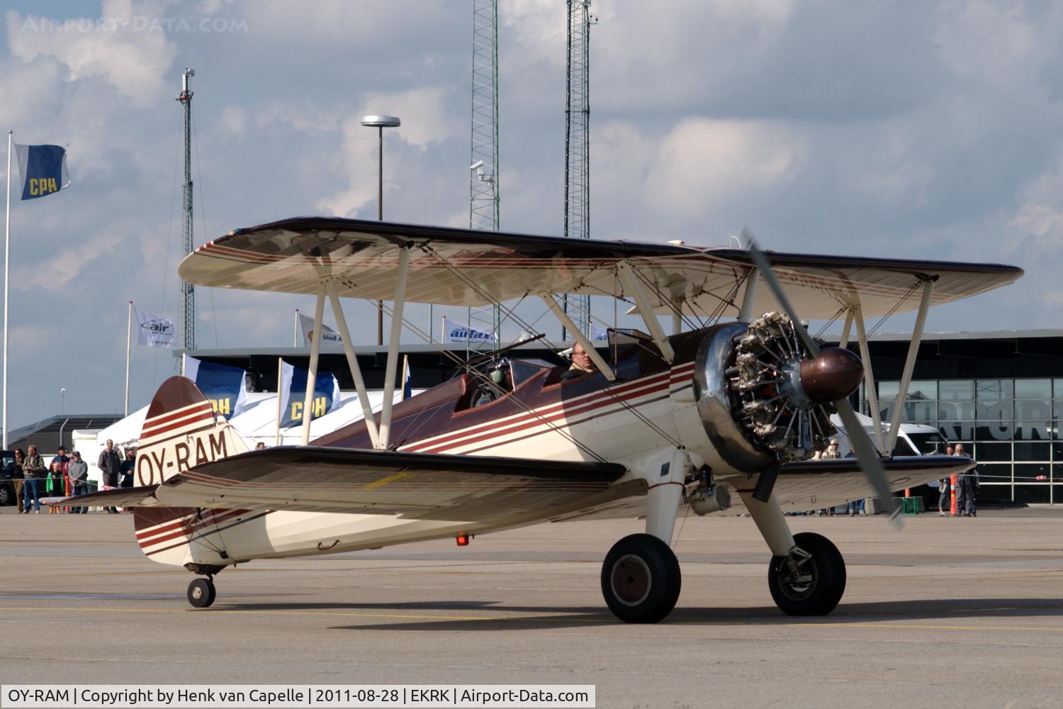 OY-RAM, 1941 Boeing PT-17 Kaydet (A75N1) C/N 75-2186, Stearman taxying on the platform of Roskilde airport, Denmark.