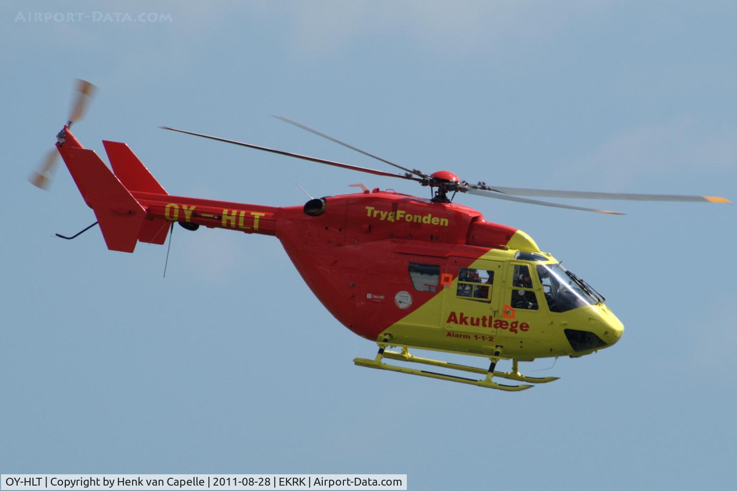 OY-HLT, 1993 Eurocopter-Kawasaki BK-117B-2 C/N 7245, BK117B-2 medical evacuation helicopter operated by Falck DRF Luftambulance flying over Roskilde airport, Denmark.
