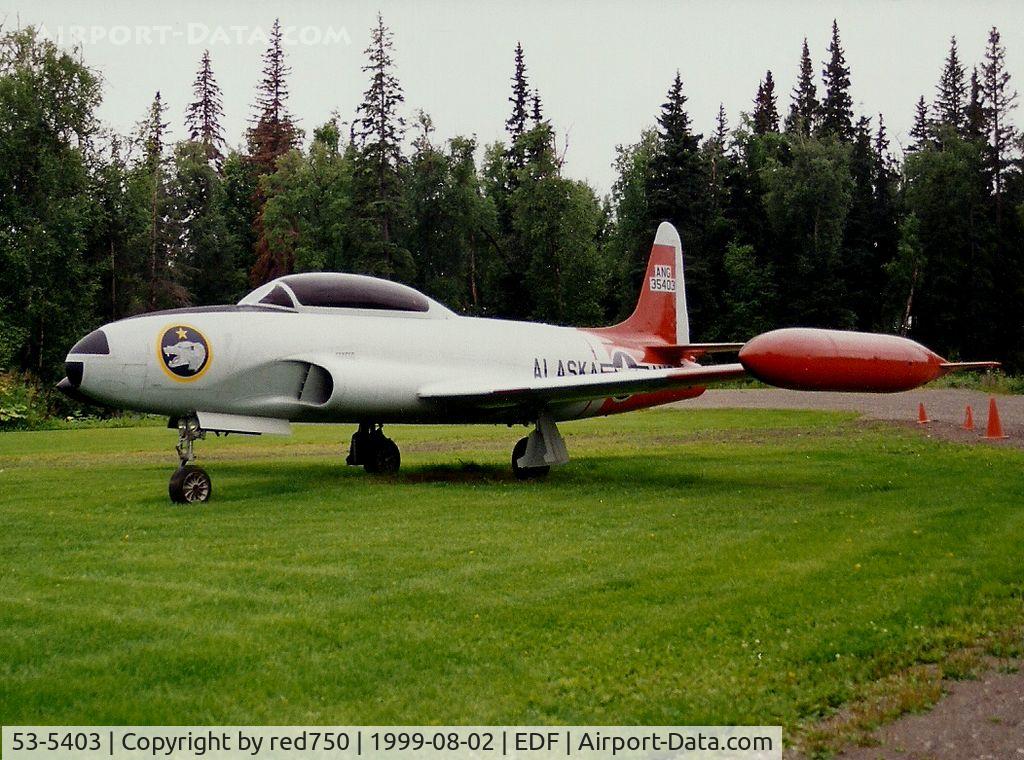 53-5403, 1953 Lockheed T-33A Shooting Star C/N 580-8742, Photograph by Edwin van Opstal with permission. Scanned from a color print. Displayed at Kulis ANG base before it was closed.