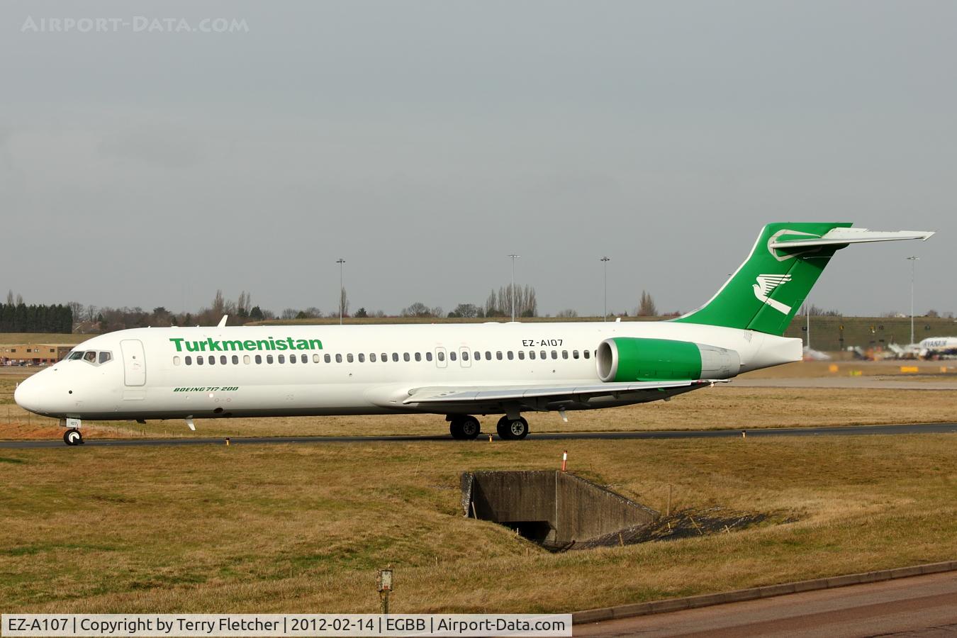 EZ-A107, 2005 Boeing 717-22K C/N 55187, Turkmenistan Airlines 2005 Boeing 717-22K, c/n: 55187 on ferry back to the USA .  Arrived at Birmingham from Kiev and departed to Keflavik