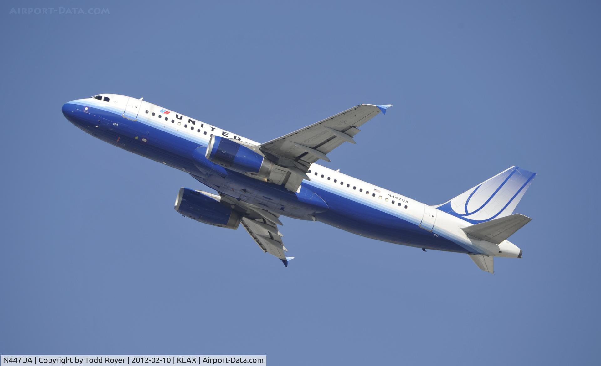 N447UA, 1998 Airbus A320-232 C/N 836, Departing LAX on 25R