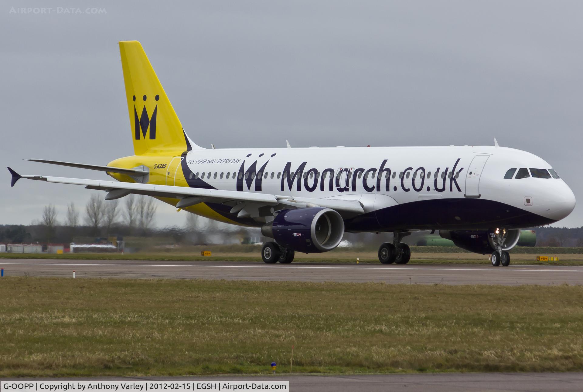 G-OOPP, 2001 Airbus A320-214 C/N 1571, Departing EGSH after spray into new Monarch C/S by Air Livery (To become G-OZBW).