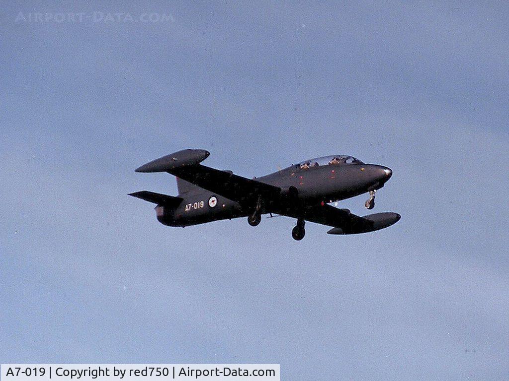 A7-019, 1968 Aermacchi MB-326H C/N CA30-19, Photograph by Edwin van Opstal with permission. Scanned from a color print. Macchi 326H built under licence.