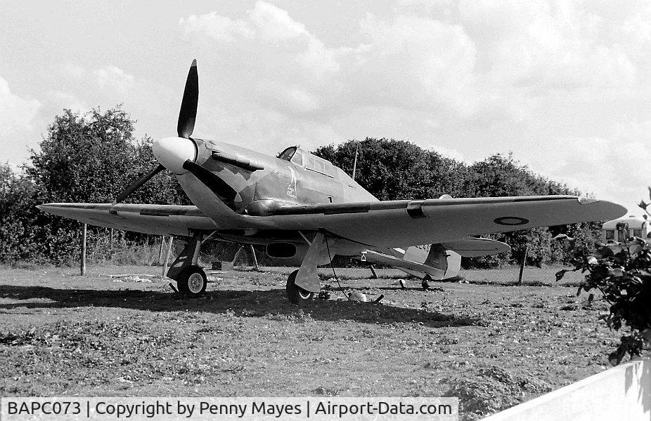 BAPC073, Hawker Hurricane Replica C/N BAPC.073, Replica Hawker Hurricane built for 1969 Battle of Britain film. Photographed close to Queens Head pub in Allens Green, Herts in 1971.