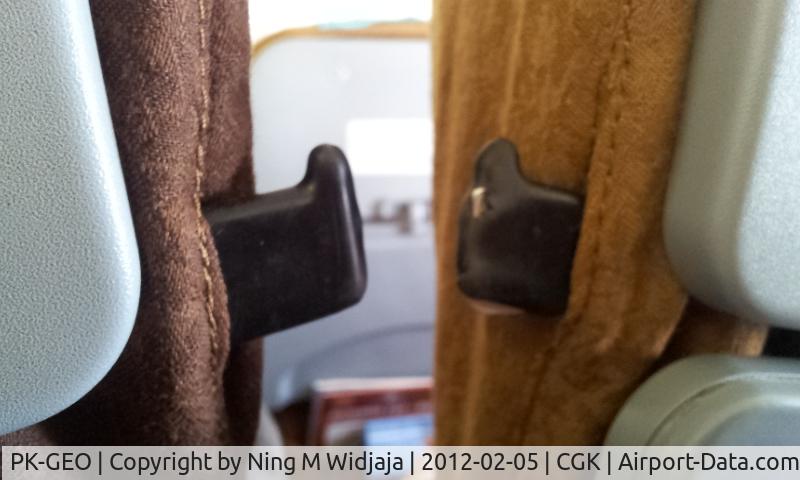 PK-GEO, 2001 Boeing 737-8AS C/N 29930, protruding metal hinges potantially dangerous to passangers in case of impact.