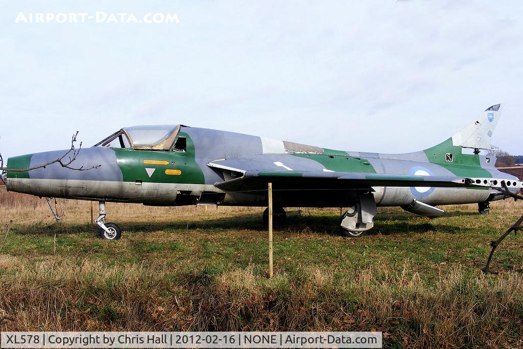 XL578, 1958 Hawker Hunter T.7 C/N 41H/693728, Used for spares by Delta Jets at Kemble then dumped on the fire dump. Rescued and moved to Wickenby then to a private owner at Kirkstead. The original rear fuselage was used to restore XL586 now in Wickford, Essex. The rear on this Hunter is from XG290