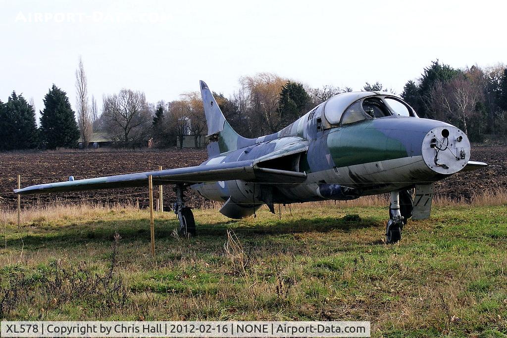 XL578, 1958 Hawker Hunter T.7 C/N 41H/693728, Composite Hunter made from the front of XL578 and the rear of XG290 in a field at Kirkstead, Lincolnshire